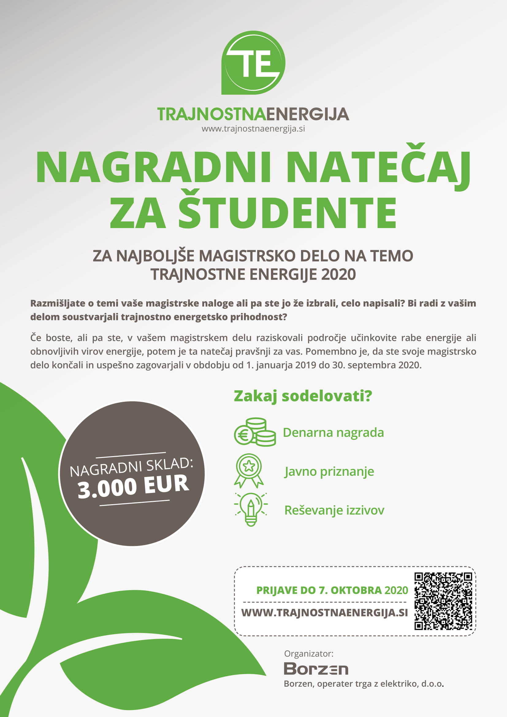 Natečaj najboljše magistrsko delo na temo trajnostne energije // Call for the best master’s thesis on the topic of sustainable energy